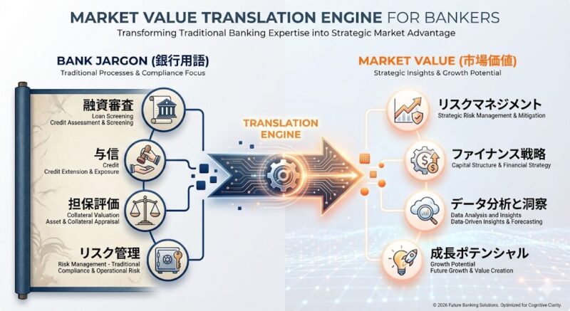 銀行員の業務経験を一般企業の市場価値へと変換するスキル翻訳インフォグラフィック