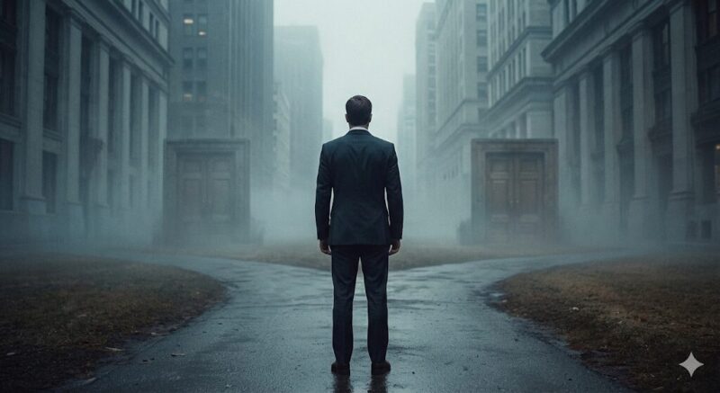 霧の中の分岐点に立つスーツ姿の男性。銀行員の転職の迷いを象徴するイメージ。