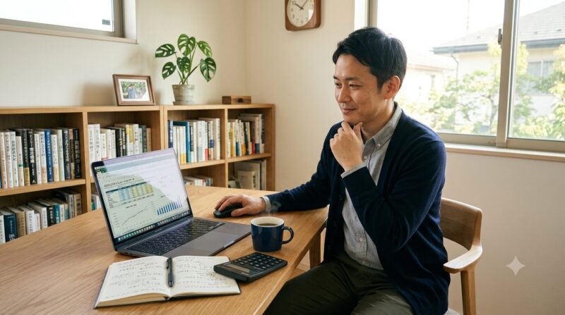 カフェや自宅の書斎で、ノートPCと電卓を前に冷静に自身のスキルや年収の損益分岐点をシミュレーションする男性ビジネスマン