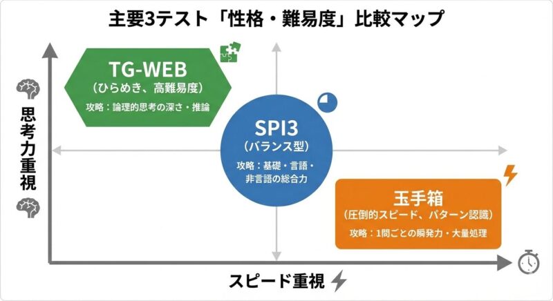 主要な適性検査（SPI3、玉手箱、TG-WEB）の特徴と難易度の比較図。