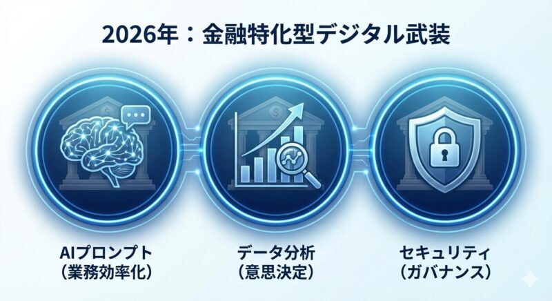 2026年の銀行員が習得すべき3つの主要デジタルスキル(AI活用、データ分析、セキュリティ)の図解。