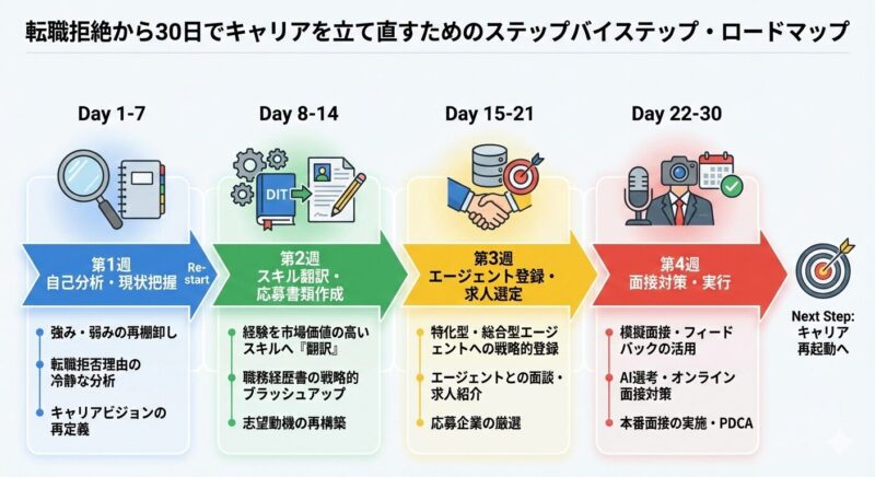 転職拒絶から30日でキャリアを立て直すためのステップバイステップ・ロードマップ