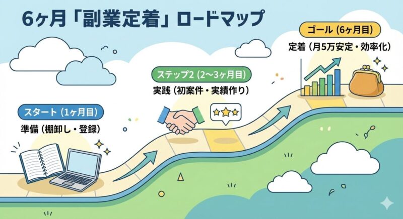 準備から開始、安定収入化までの6ヶ月間の行動計画を示した、銀行員のための副業ロードマップ図。