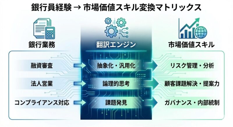 銀行員の実務経験を他業界のポータブルスキルに変換するマトリックス図