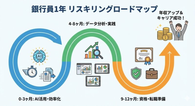 準備から習得、実績化までを段階的に示した1年間のデジタルリスキリング・スケジュール図。