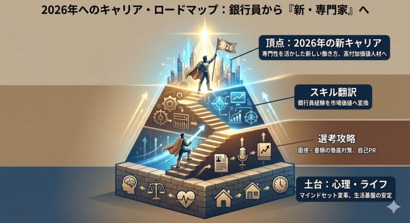 40代銀行員が2026年の市場で勝つための、スキル翻訳から選考対策までを網羅した記事の全体ロードマップ図。