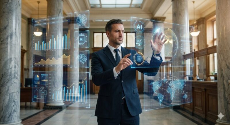 銀行実務の経験にデジタルスキルを掛け合わせ、次世代の金融プロフェッショナルへ進化する銀行員のイメージ。