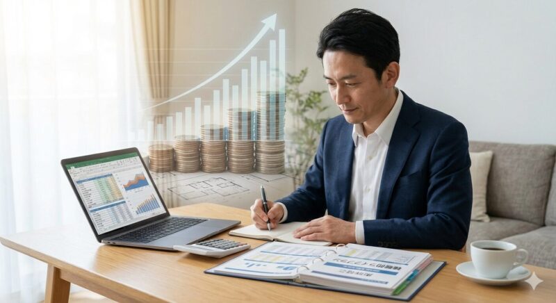 40代銀行員が転職後の住宅ローンと教育費をシミュレーションし、将来のキャリアを設計するイメージ。