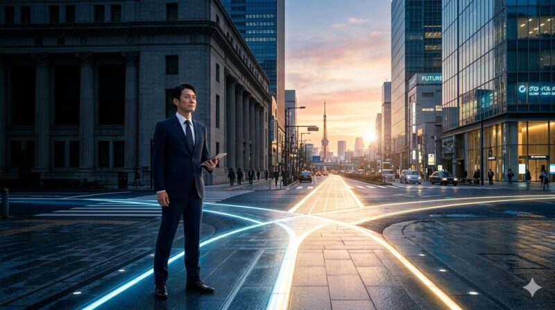 40代銀行員がリファラル採用と転職エージェントを併用し、信頼資産を最大化させるキャリア戦略のイメージ。