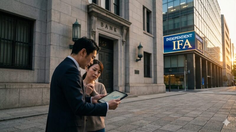 40 代銀行員が独立系 IFA への転身を配偶者に説得し、固定給を捨てる不安を解消しようとするイメージ。