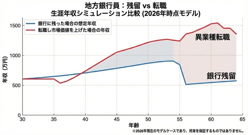 地方銀行に残留した場合と異業種転職した場合の生涯年収シミュレーション比較