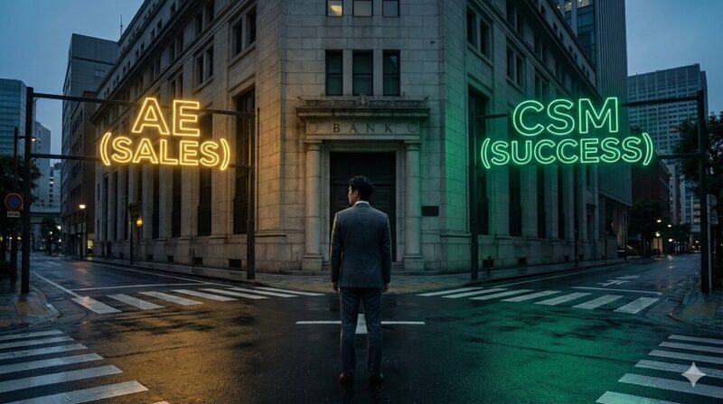 40代銀行員がSaaS業界への転職で迷う「営業（AE）」と「カスタマーサクセス（CSM）」の選択を象徴するイメージ。