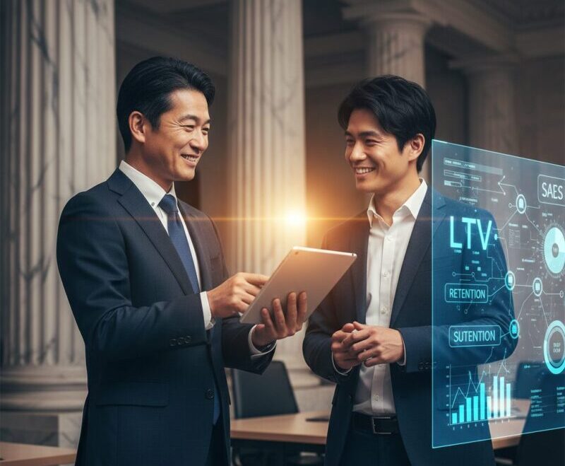 銀行員が培った信頼関係構築スキルを活かし、SaaS業界のカスタマーサクセスとして顧客の成長を支援するイメージ図。