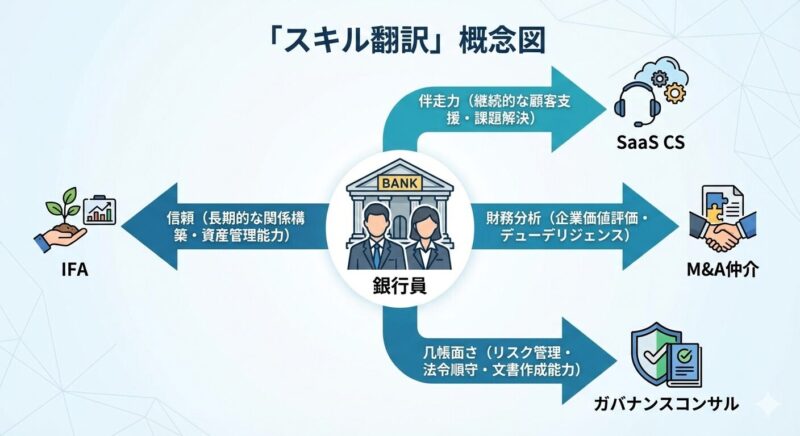 銀行員の経験をSaaSやコンサル、IFAなどの高単価職種へと再定義するスキル変換マトリックス。