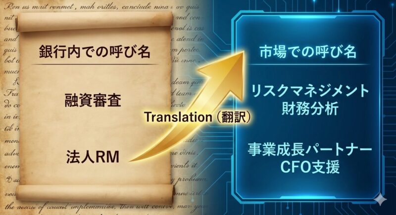 銀行員特有のスキルを他業界でも通じるプロフェッショナル言語に変換するイメージ図。