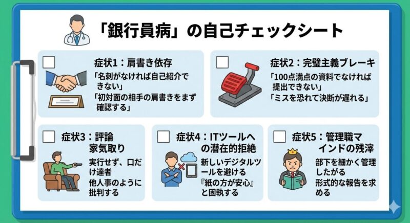 元銀行員が陥りやすい「銀行員病」の5つの代表的な症状リスト。