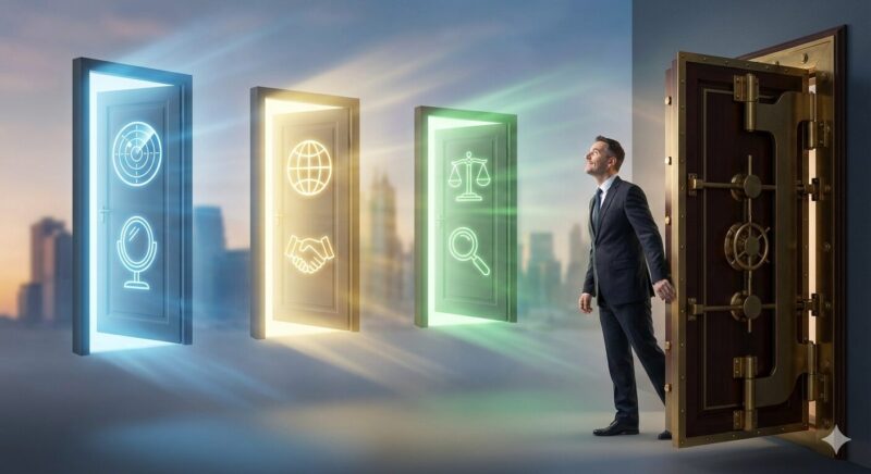 銀行員としてのキャリアから、ビズリーチ、JACリクルートメント、コトラという3つの戦略的エージェントを通じて新しい可能性の扉を開こうとする40代男性のイメージ。