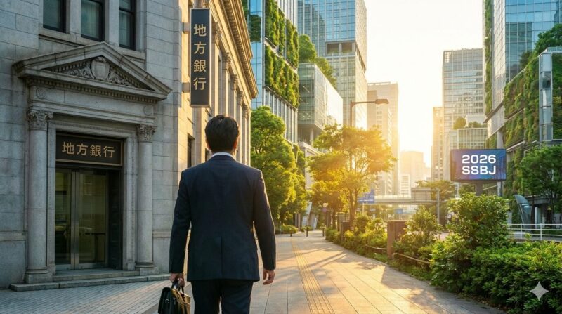 2026年のSSBJ基準義務化に伴い、地銀の融資担当からESGコンサルタントへとキャリアチェンジを果たす40代銀行員の象徴的なイメージ。