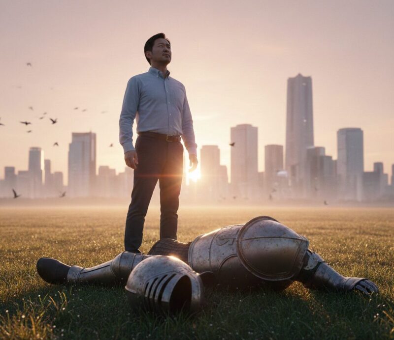 銀行員としてのプライド（鎧）を脱ぎ捨て、一人のプロフェッショナルとして歩み出す40代男性のイメージ。