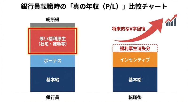 銀行員時代の福利厚生を含めた総所得と、転職後の収入構造の変化を示す比較チャート。