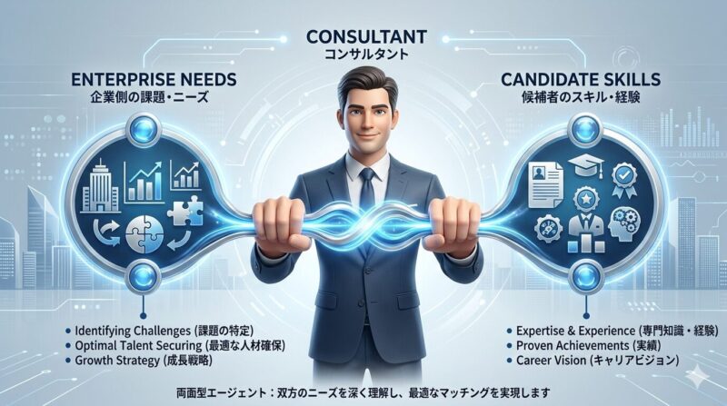 JACリクルートメント特有の「両面型コンサルティング」の仕組みと、地銀マンが企業へ強力にプッシュされる構造の図解。