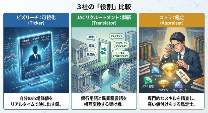 40代銀行員の転職における、ビズリーチ（市場価値の可視化）、JAC（異業種への翻訳）、コトラ（専門性の鑑定）の役割比較図。