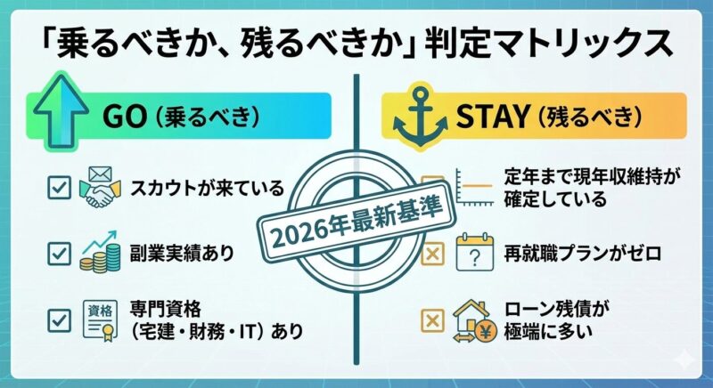 40代銀行員が早期退職優遇制度に応募すべきか判断するための、市場価値と準備状況の比較図。