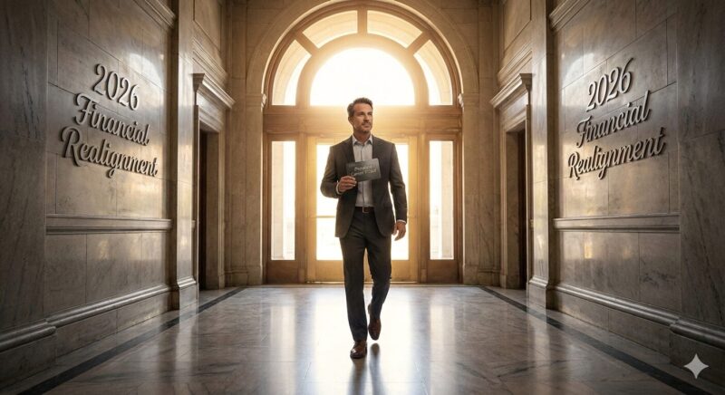 2026年の銀行再編期において、早期退職を新たなキャリアのチャンスとして捉え、自信を持って一歩踏み出す40代銀行員のイメージ。