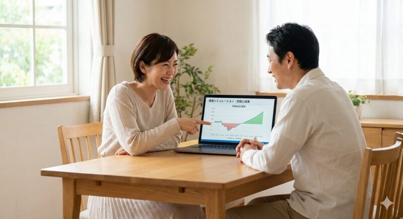 転職後のライフプランについて、数字に基づいたシミュレーションを家族で共有し納得している様子。