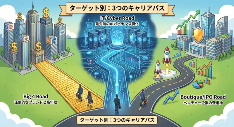 ガバナンスコンサルタントとして選べる3つのキャリアパス(Big4、IT特化、IPO支援)の比較マップ。