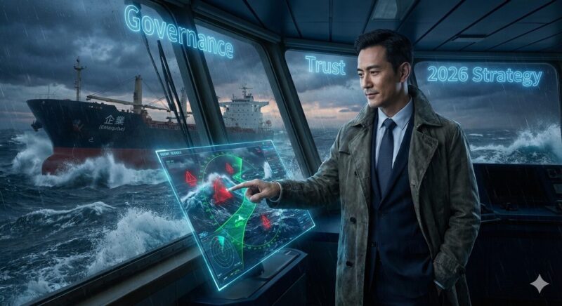 企業のガバナンスとリスク管理をリードし、安全な経営航路を指し示すガバナンスコンサルタントのイメージ。