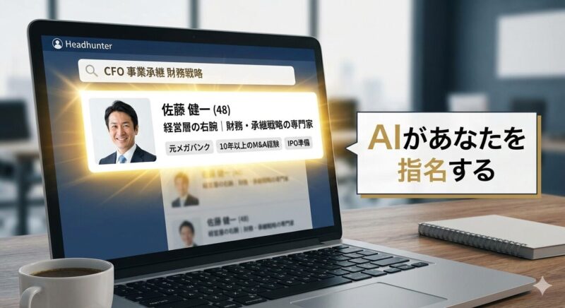 特定のキーワードで検索したヘッドハンターの画面に、最適化された銀行員のプロフィールが上位表示される様子。