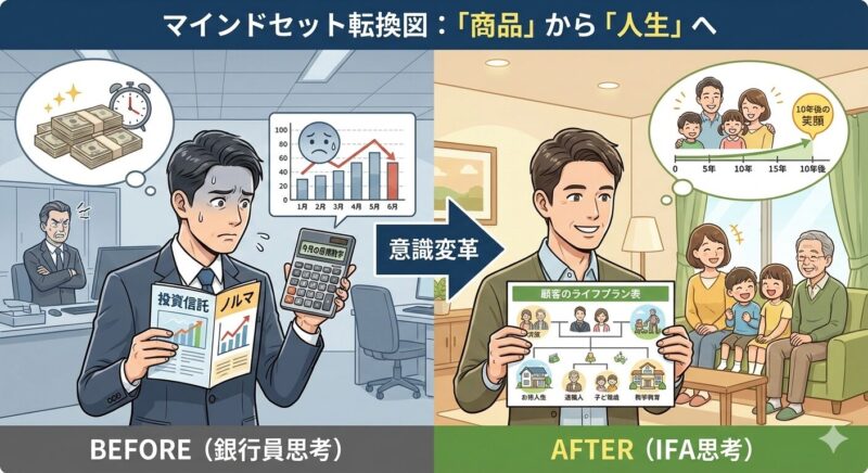 「商品を売る金融のプロ」から「顧客の人生に伴走するパートナー」へ、IFAとしての成功に必要なマインドセットの転換図。