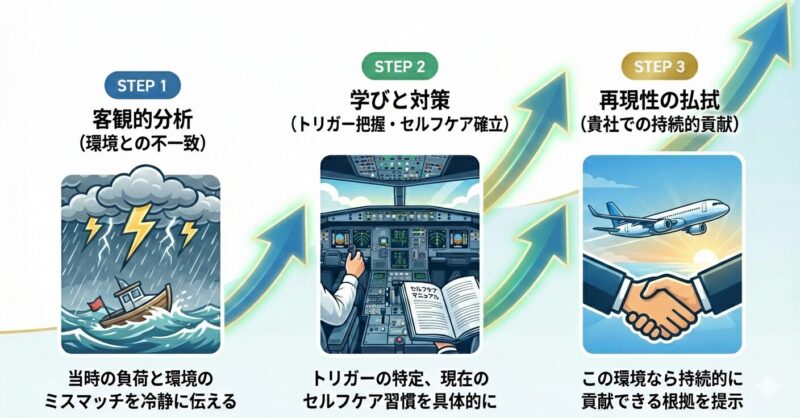 休職理由を面接で説明する際の「客観的分析→学びと対策→再現性の払拭」という3段階フロー図。
