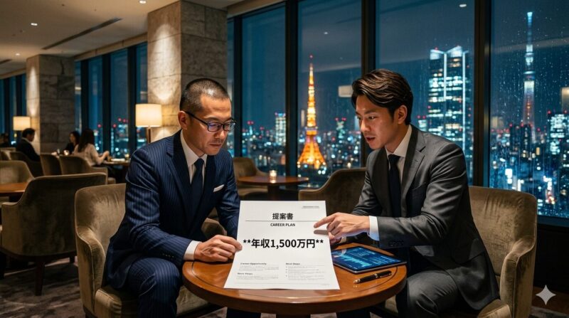 JACリクルートメントの初回面談でコンサルタントを味方につけ、ハイクラス転職の切符を手にする40代銀行員のイメージ。