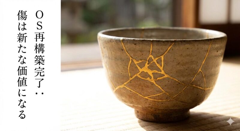 メンタル不調による休職経験を、金継ぎのように修復し、より強固で価値あるものとして再生させるメタファー。