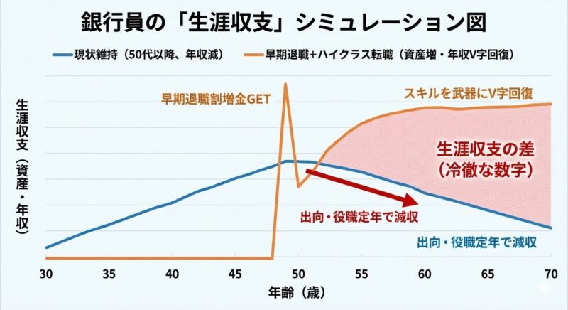 銀行に残った場合と、早期退職・転職を選んだ場合の生涯収支イメージ図。