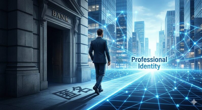 銀行員の匿名性を脱ぎ捨て、LinkedInを活用してデジタル空間でプロフェッショナルなキャリアを拓く40代男性のイメージ。