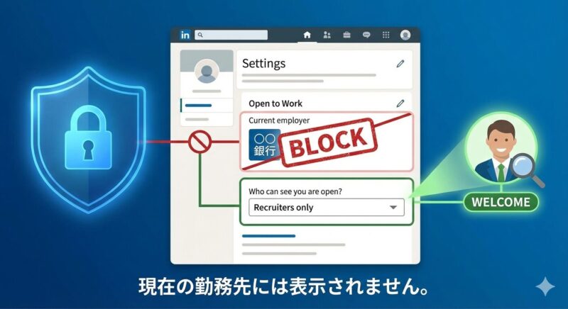 現職の会社には知られずに、外部のヘッドハンターにだけ転職意欲を伝えるLinkedInのプライバシー設定イメージ。