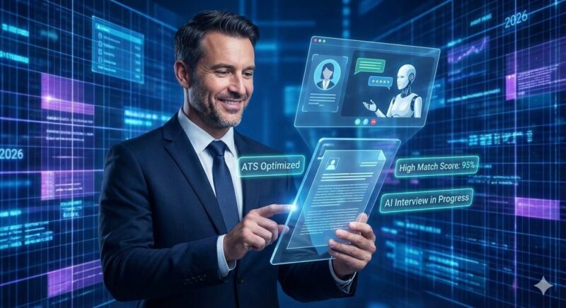 2026年の最新転職市場におけるAI選考(ATS)やAI面接を攻略する40代銀行員のイメージ。