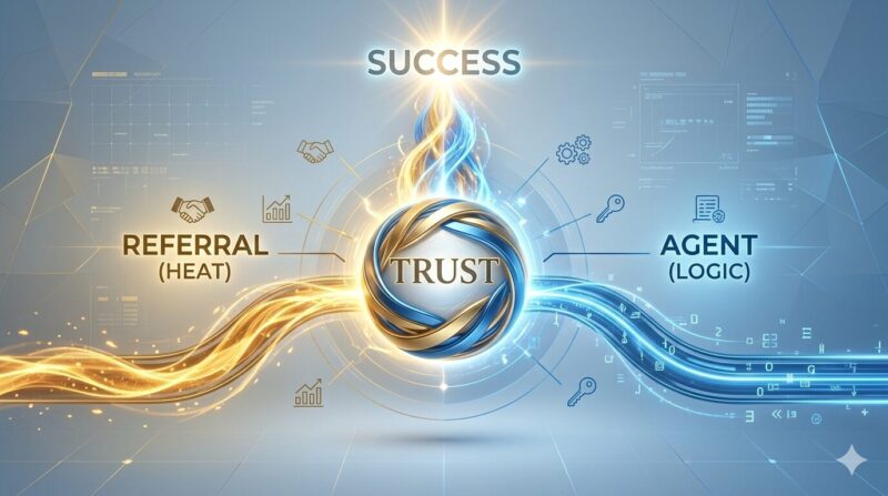 リファラル採用の熱量とエージェントの交渉力を掛け合わせ、銀行員の転職成功率を高めるハイブリッド構造の図解。