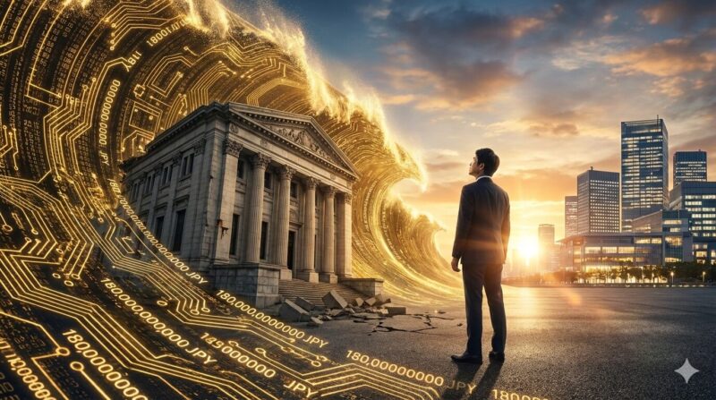 2026年の1,800億円地銀合併支援枠により加速する再編の波と、新しいキャリアの選択肢を模索する40代銀行員の象徴的なイメージ。