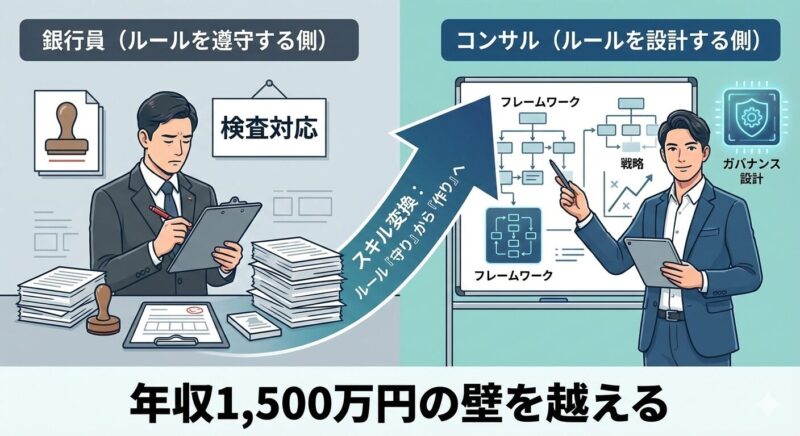 銀行員が培ったルール遵守のスキルを、コンサルタントとしてのガバナンス設計スキルへ変換する概念図。