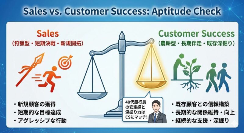 SaaS業界の営業職(セールス)とカスタマーサクセスの特徴を比較し、銀行員の適性を視覚化したチャート。