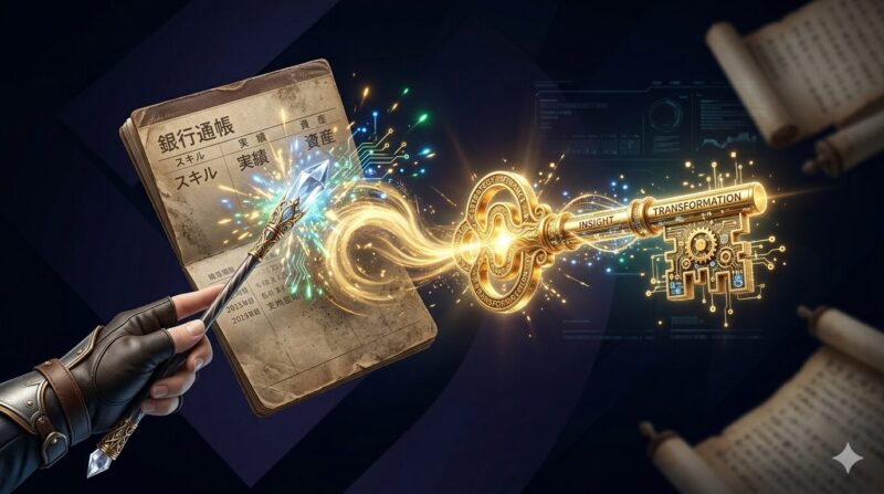 適切な逆質問により、銀行員の経験が企業の課題を解決する「鍵」として再定義されるメタファー。