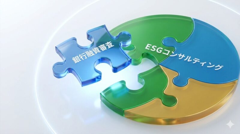 銀行員が培った融資審査能力が、ESGコンサルティングに必要な非財務リスク管理スキルへと完璧に適合する様子を示すメタファー画像。