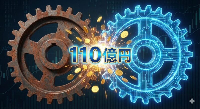 地銀統合によるシステム共有とコスト削減の相乗効果を象徴する概念図。