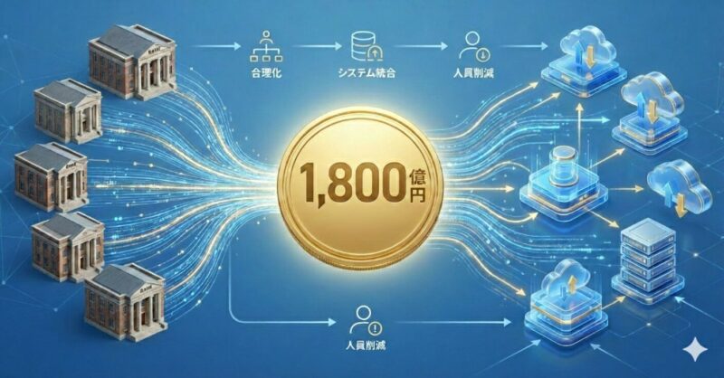 金融庁が投じる1,800億円の交付金が、地銀のシステム統合と店舗削減に充てられ、人員の「合理化」が進む構造を示す図解イメージ。