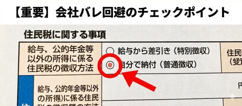 副業が会社にバレないようにするために必須となる、確定申告書における住民税「自分で納付（普通徴収）」の選択箇所を示す拡大図。