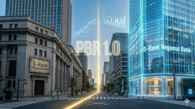 2026年の地銀再編を象徴する、PBR1倍の境界線と勝ち組・負け組の対比イメージ図。